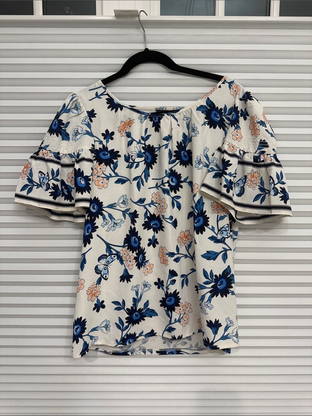 Ann Taylor Cream Floral Bell Sleeve Blouse with Blue and Peach Print